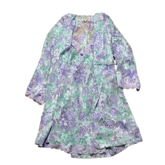 80s Vintage LA Intimates Purple and Green Floral Sheer Lace Chemise slip robe M - Picture 1 of 7